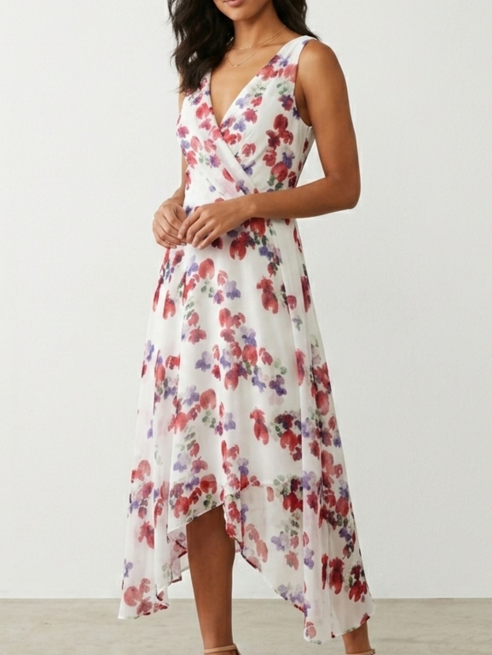 DKNY Floral Chiffon Faux Wrap Sleeveless Dress